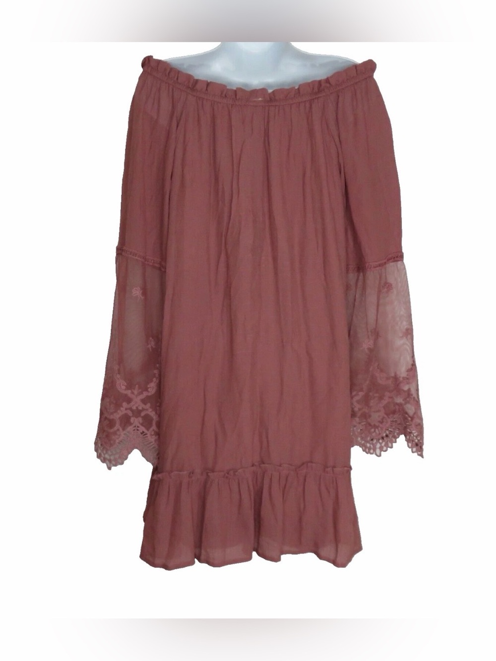 Anthro AUW Mini Tunic Dress L Dusty Pink Mauve Sheer Bell Sleeve Peasant Boho